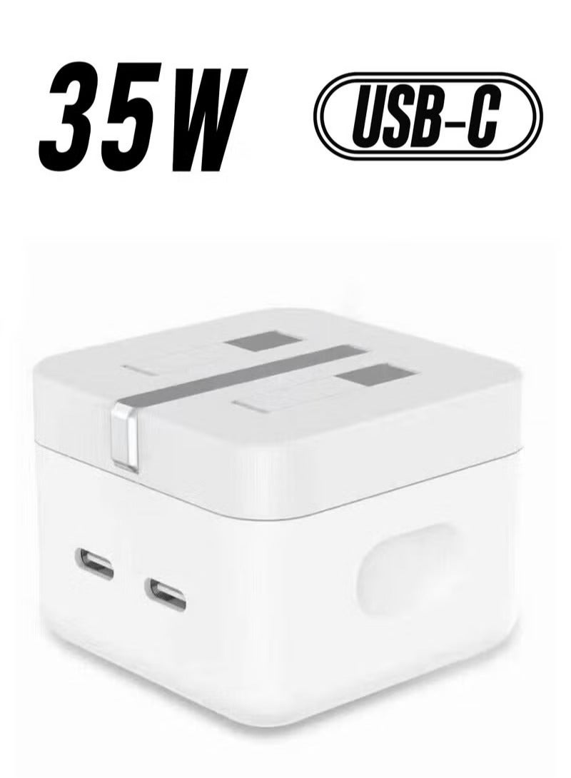 شاحن حائط USB-C مزدوج بقدرة 35 واط، محول طاقة سريع بمنفذي USB-C وتقنية PD مع قابس بريطاني ثلاثي، متوافق مع آيفون وآيباد وماك بوك إير وسامسونج جالاكسي وجوجل بيكسل، أبيض - Image 2