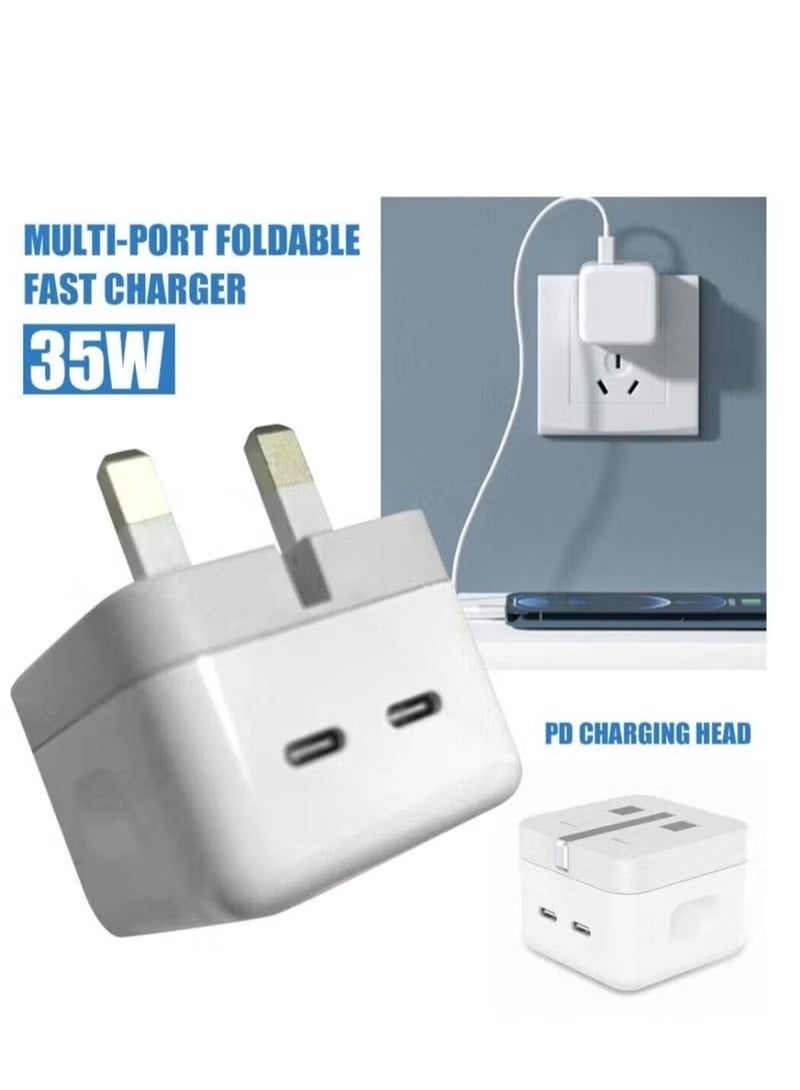 شاحن حائط USB-C مزدوج بقدرة 35 واط، محول طاقة سريع بمنفذي USB-C وتقنية PD مع قابس بريطاني ثلاثي، متوافق مع آيفون وآيباد وماك بوك إير وسامسونج جالاكسي وجوجل بيكسل، أبيض - Image 4