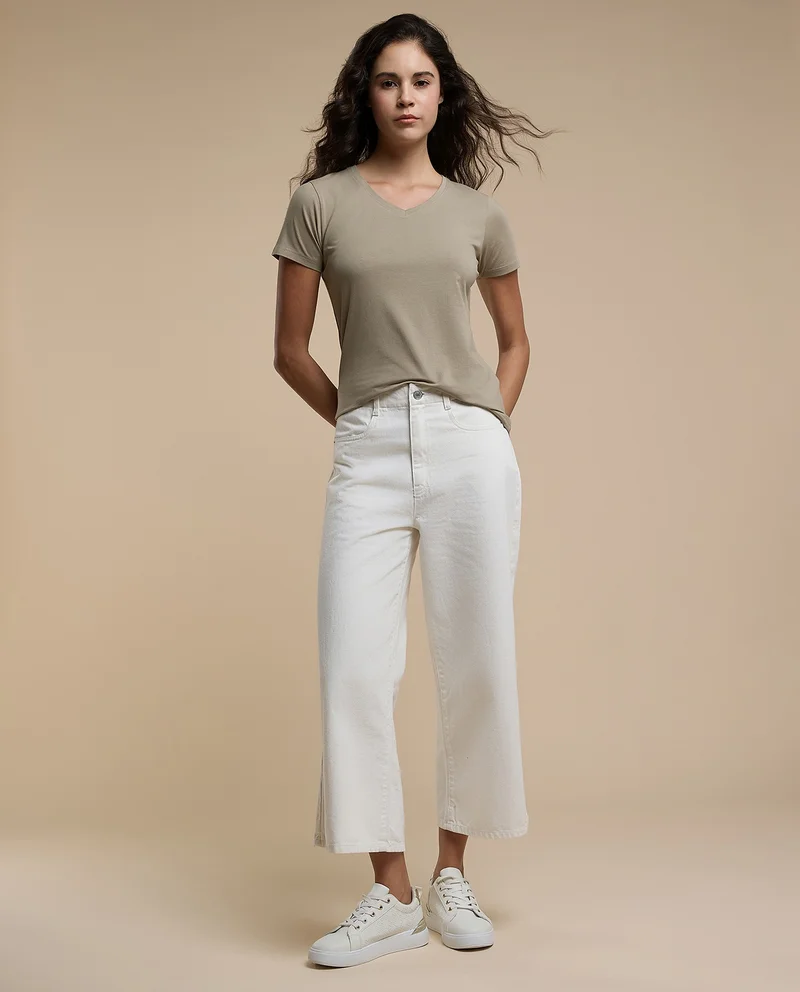 أر أند بي Solid T-Shirt With V-Neck And Short Sleeves