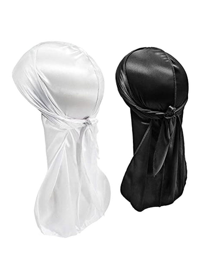 HOOTO 2 PCS Silky Durags  for Men and Women Waves Silk Durag Pack Silky Satin Extra Long Tails（ Black White) - Image 1