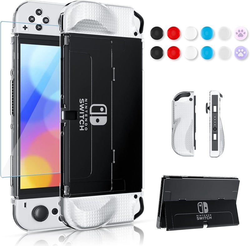 FANPL Improved - Clear Case Kit for Nintendo Switch OLED, PC Cover for Switch OLED Console and TPU Case with Transparent Lattice Pattern for Joy Con, Case Set with 1 Screen Protector and 12 Thumb Caps - Image 1