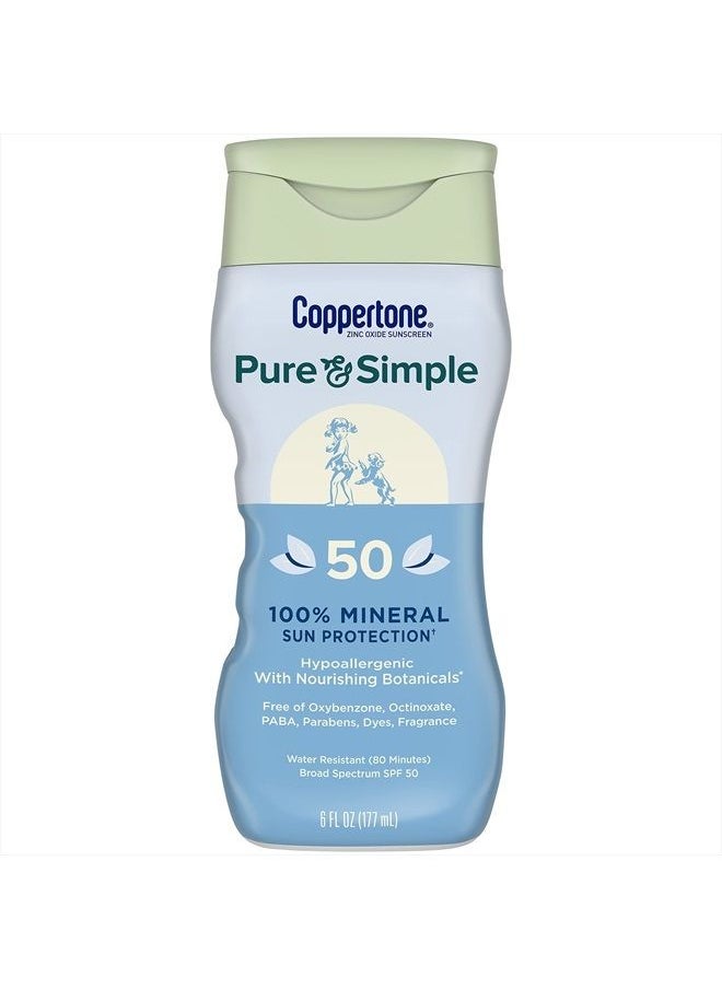 Coppertone Pure and Simple Zinc Oxide Mineral Sunscreen Lotion SPF 50, Body Sunscreen, Water Resistant, Broad Spectrum SPF 50 Sunscreen for Sensitive Skin, 6 Fl Oz Bottle  - Image 1