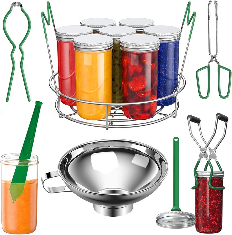 Pisol Canning Supplies Starter Kit, 7 Piece Canning Tools Set with Stainless Steel Rack, Wide Mouth Funnel, Kitchen Tongs, Jar Lifter, Magnetic Lid Lifter, jar Wrench, Bubble Popper - Image 1