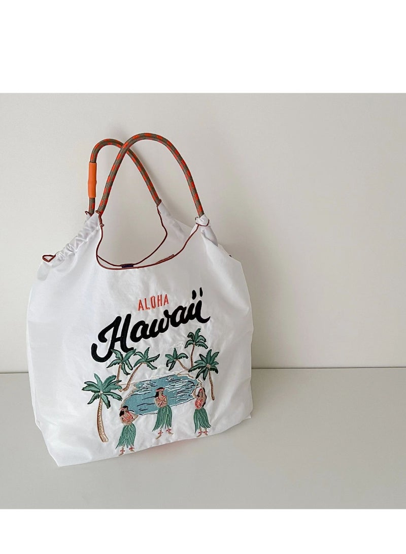 Hawaii Women's Embroidered Ultimate Nylon Tote Bag - White Hawaiian - Perfect for on-site shopping, travel, birthdays, and the beach.  - Image 1