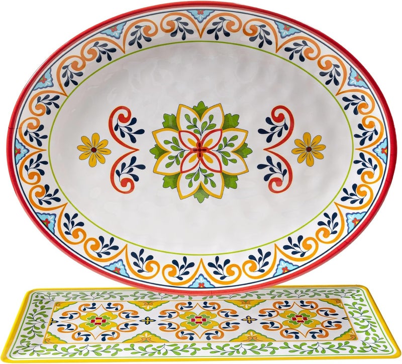 ZAROCRUS Melamine Serving Platter Set of 2Talavera Melamine Large Serving Tray19x8 Rectangular and 18x14 Oval Platter set MultiColor - Image 2