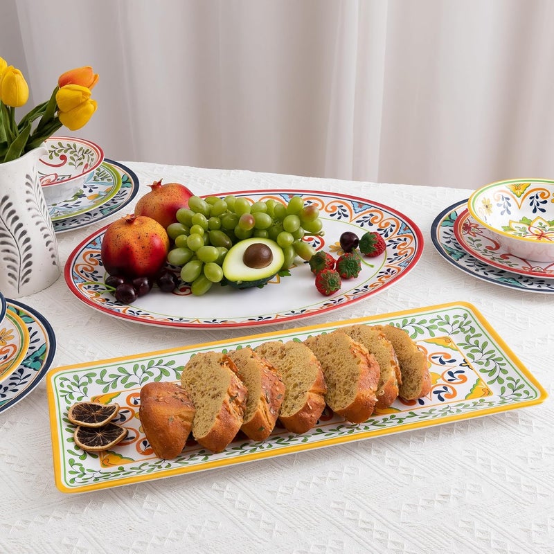 ZAROCRUS Melamine Serving Platter Set of 2Talavera Melamine Large Serving Tray19x8 Rectangular and 18x14 Oval Platter set MultiColor - Image 3