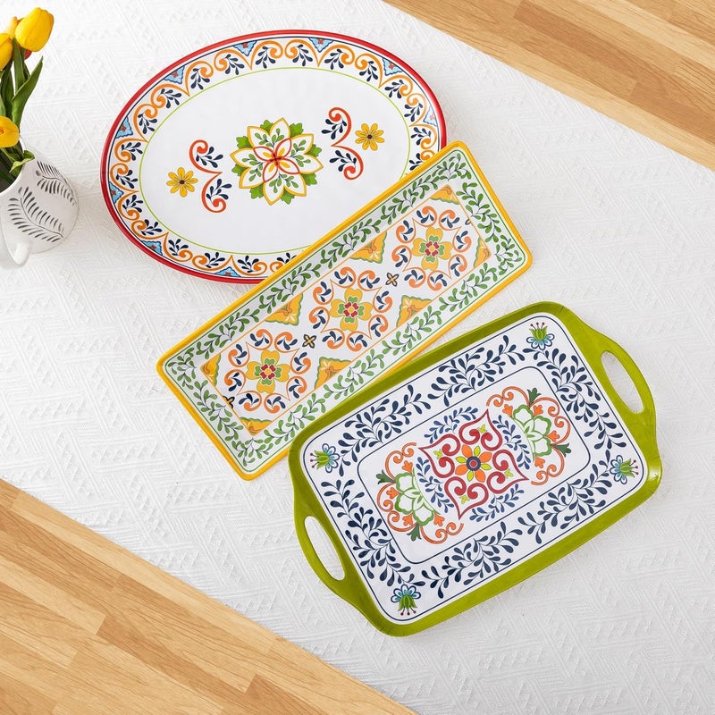 ZAROCRUS Melamine Serving Platter Set of 2Talavera Melamine Large Serving Tray19x8 Rectangular and 18x14 Oval Platter set MultiColor - Image 5