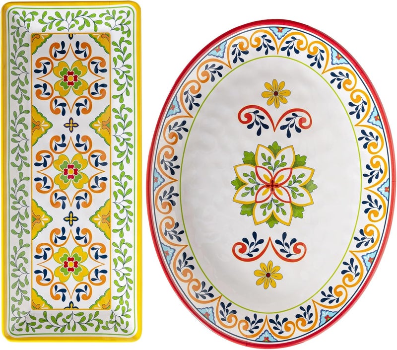 ZAROCRUS Melamine Serving Platter Set of 2Talavera Melamine Large Serving Tray19x8 Rectangular and 18x14 Oval Platter set MultiColor - Image 1