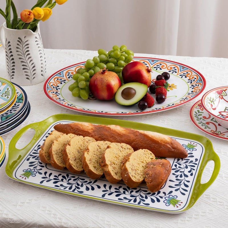 ZAROCRUS Melamine Serving Platter Set of 2Talavera Melamine Large Serving Tray19x8 Rectangular and 18x14 Oval Platter set MultiColor - Image 4