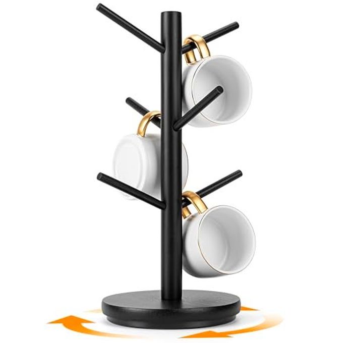 MyLifeUNIT Mug Holder Tree, 360 Rotated Coffee Cup Holder with 6 Hooks, Wooden Coffee Mug Holder Organizer for Counter Top, Coffee Bar Accessories (Black) - Image 1