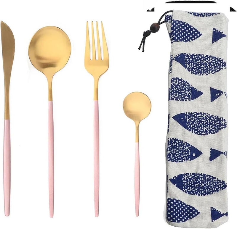 Portable 4Pcs Stainless Steel Tableware Cutlery Dinnerware Set With Bag Western Knife Fork TeaSpoon Kitchen Dinner Flatware(Matte Pink Gold) - Image 1