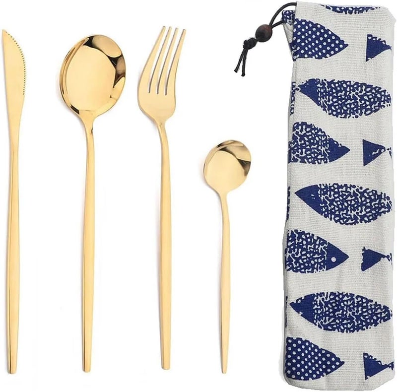 Portable 4Pcs Stainless Steel Tableware Cutlery Dinnerware Set With Bag Western Knife Fork TeaSpoon Kitchen Dinner Flatware(Matte Pink Gold) - Image 3