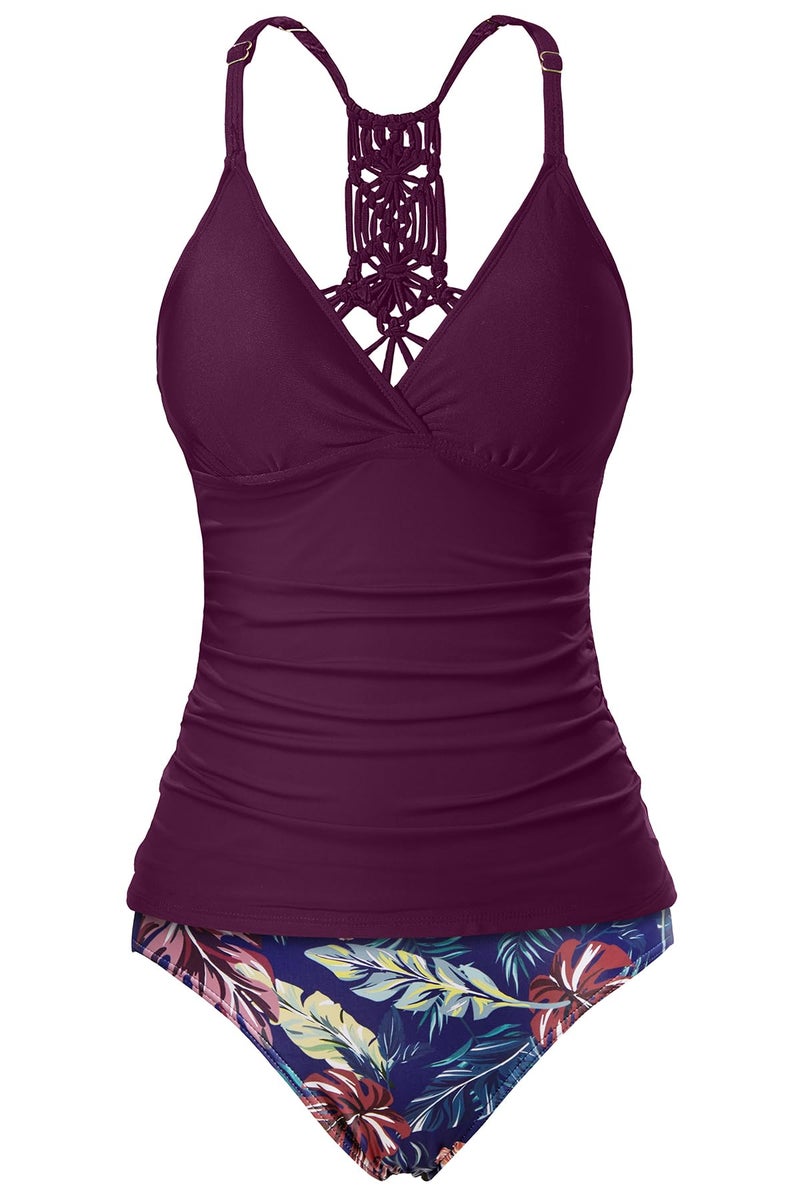 Holipick Women Purple Leaves Tummy Control Two Piece Tankini Set Swimsuit V Neck Tankini Top Bathing Suits with Bikini Bottom M(US 8-10) - Image 1