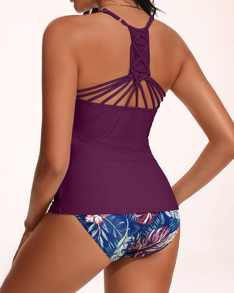 Holipick Women Purple Leaves Tummy Control Two Piece Tankini Set Swimsuit V Neck Tankini Top Bathing Suits with Bikini Bottom M(US 8-10) - Image 2