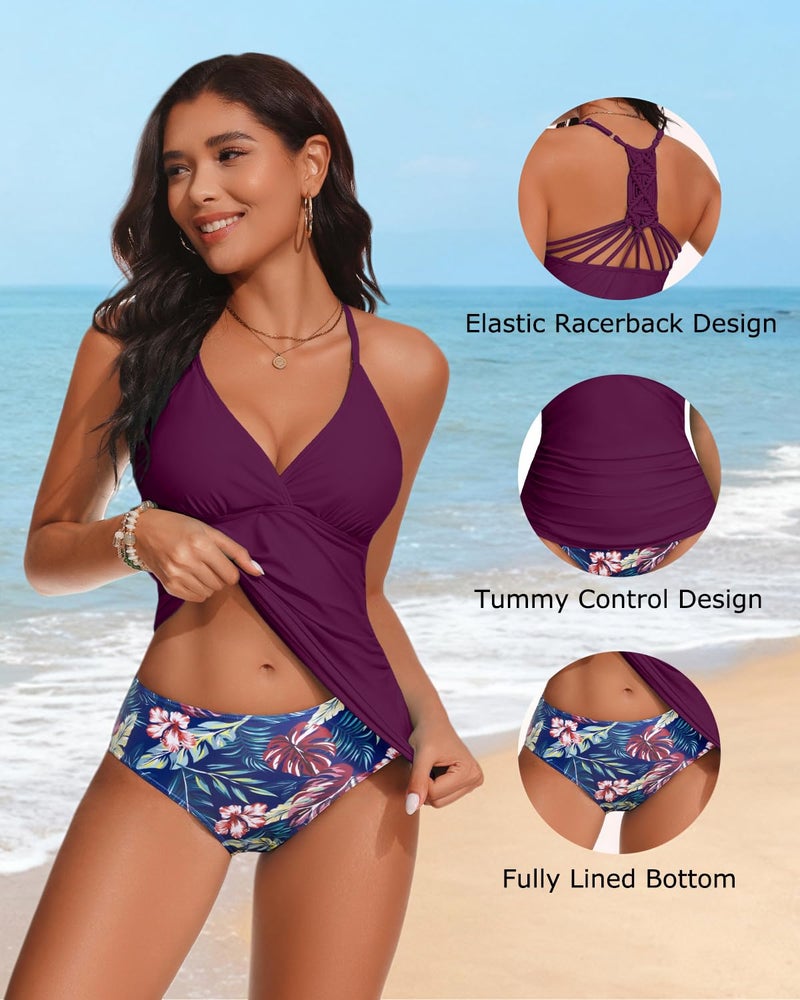 Holipick Women Purple Leaves Tummy Control Two Piece Tankini Set Swimsuit V Neck Tankini Top Bathing Suits with Bikini Bottom M(US 8-10) - Image 3