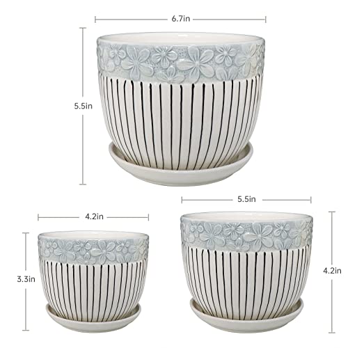 Ton Sin Grey Flower Pots,Texture Planter for Indoor Plants Set of 3 Ceramic Flower Pots with Saucer,Cute Garden Pots Succulent Pots（3 Pack,Grey - Image 2