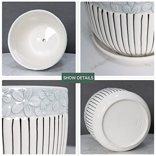 Ton Sin Grey Flower Pots,Texture Planter for Indoor Plants Set of 3 Ceramic Flower Pots with Saucer,Cute Garden Pots Succulent Pots（3 Pack,Grey - Image 3