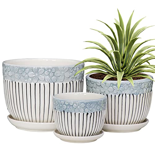 Ton Sin Grey Flower Pots,Texture Planter for Indoor Plants Set of 3 Ceramic Flower Pots with Saucer,Cute Garden Pots Succulent Pots（3 Pack,Grey - Image 1