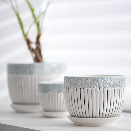 Ton Sin Grey Flower Pots,Texture Planter for Indoor Plants Set of 3 Ceramic Flower Pots with Saucer,Cute Garden Pots Succulent Pots（3 Pack,Grey - Image 5