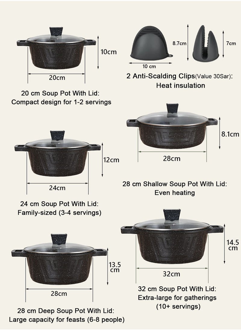 X spring 12-Piece Nonstick Cookware Set, 20-24-28-32cm Deep Stockpots + 28cm Shallow Stockpot with Glass Lids & 2 Anti-Scalding Clips, PFOA-Free Kitchen Set (Black)  - Image 2
