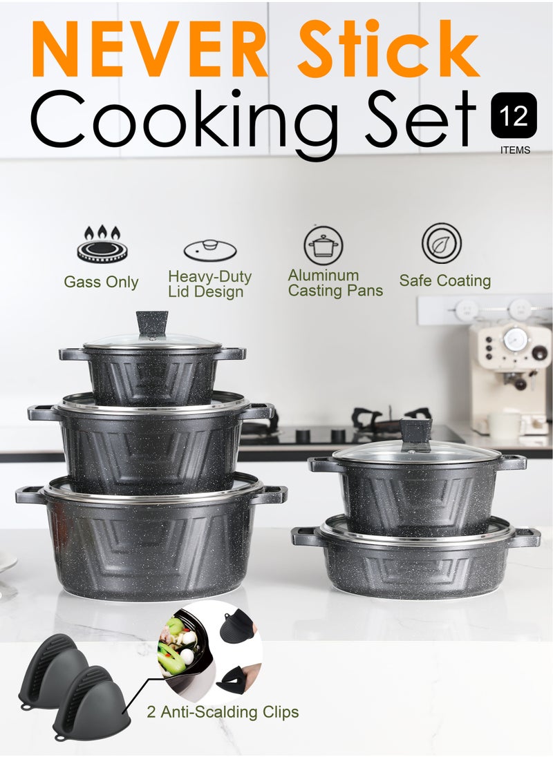 X spring 12-Piece Nonstick Cookware Set, 20-24-28-32cm Deep Stockpots + 28cm Shallow Stockpot with Glass Lids & 2 Anti-Scalding Clips, PFOA-Free Kitchen Set (Black)  - Image 1