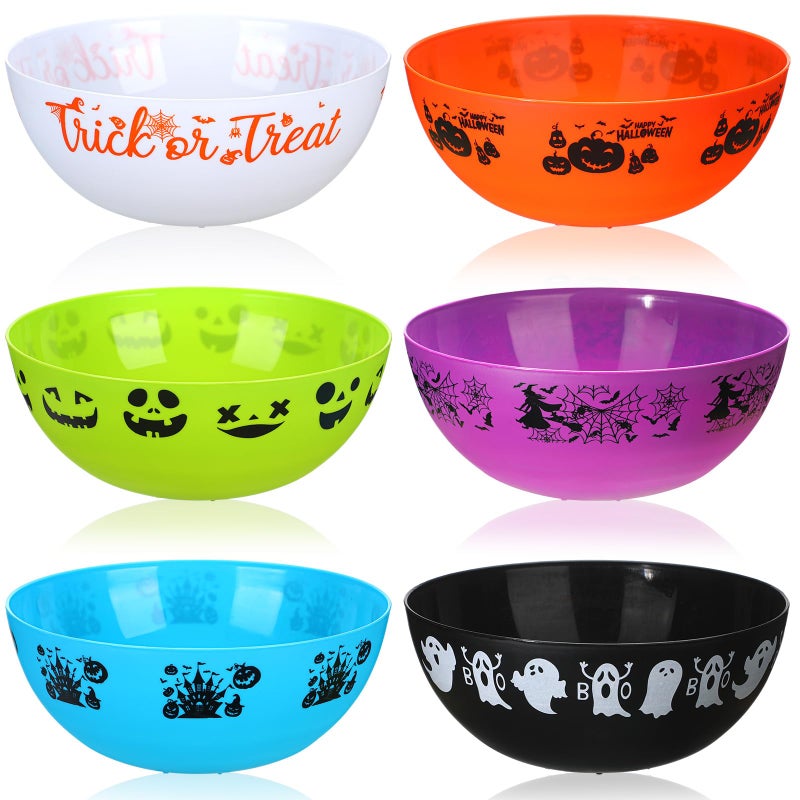 Funtery 6 Pcs Halloween Candy Bowl Large Plastic Trick Treat Candy Serving Bowls Halloween Ghost Pumpkin Bat Holders Tableware Party Supplies DecorationsMulticolored Pattern
