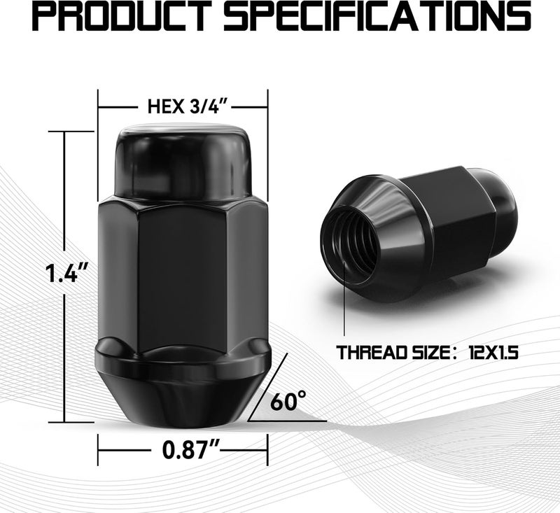 FLYCLE 12x1.5 Wheel Lug Nuts, 20PCS Black 12mmx1.5 Closed End Bulge Acorn Lug Nut, Cone Seat, 19mm Hex Aftermarket Wheels - Image 2