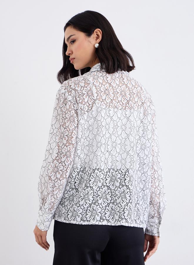 Styli Off White Lace Shirt with Button Placket - Image 4