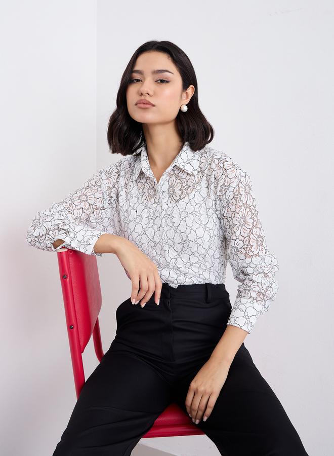 Styli Off White Lace Shirt with Button Placket - Image 5