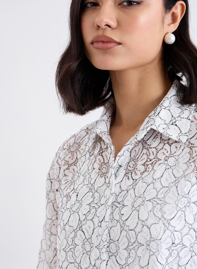 Styli Off White Lace Shirt with Button Placket - Image 3