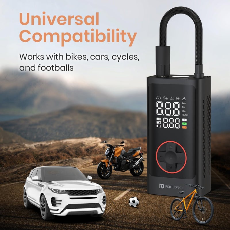 Portronics مضخة هواء فاييو 7.0، شاشة رقمية كاملة الحجم، بطارية 4000 مللي أمبير، ضغط 150 PSI، أوضاع مسبقة، مصباح يدوي مع SOS، كشف الضغط، للسيارات والدراجات والدراجات الهوائية والكرات (أسود) - Image 5