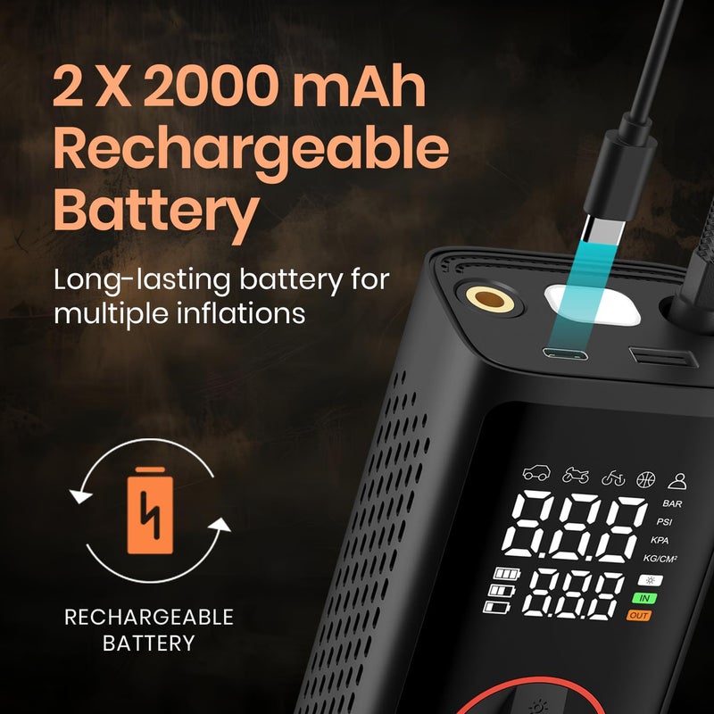 Portronics مضخة هواء فاييو 7.0، شاشة رقمية كاملة الحجم، بطارية 4000 مللي أمبير، ضغط 150 PSI، أوضاع مسبقة، مصباح يدوي مع SOS، كشف الضغط، للسيارات والدراجات والدراجات الهوائية والكرات (أسود) - Image 2