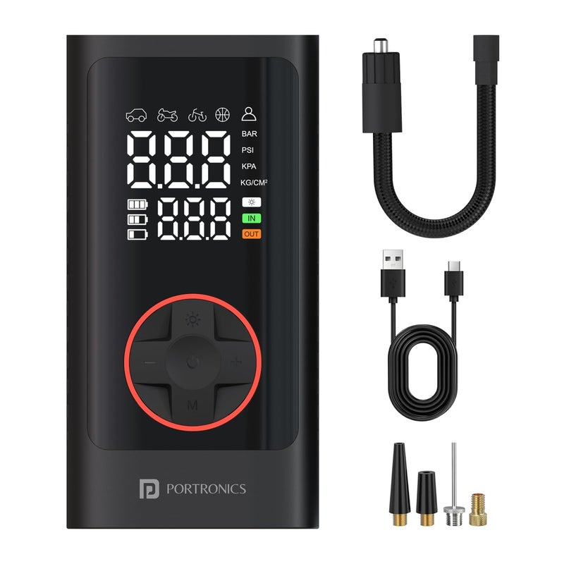 Portronics مضخة هواء فاييو 7.0، شاشة رقمية كاملة الحجم، بطارية 4000 مللي أمبير، ضغط 150 PSI، أوضاع مسبقة، مصباح يدوي مع SOS، كشف الضغط، للسيارات والدراجات والدراجات الهوائية والكرات (أسود) - Image 1