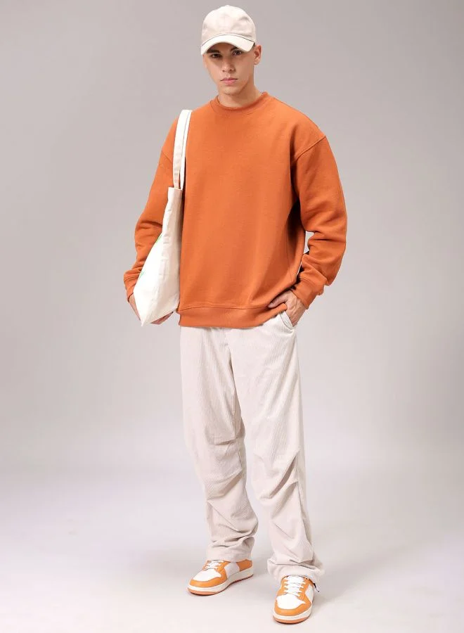 The Indian Garage Co Men Oversized Solid Crew Neck Overhead Sweatshirt