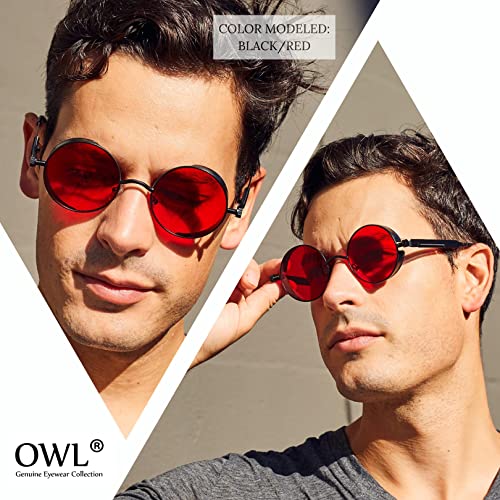 OWL Steampunk Retro Gothic Vintage Hippie Black Metal Round Circle Frame Sunglasses Sea Red Lens - Image 3