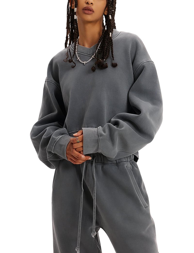 طقم سويت شيرت نسائي من فلايجو - سويت سوت من فليس مكون من قطعتين - بنطلون جوجرز - طقم رياضي - سويت شيرت قصير - بنطلون سويت - رمادي - M