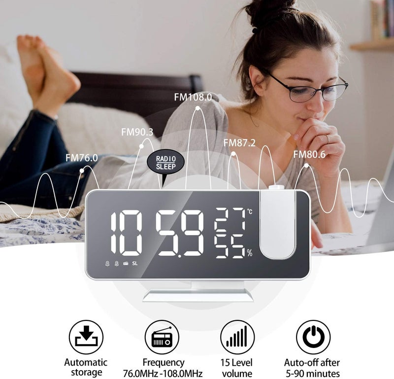 Mightree Projection Alarm Clock for Bedroom, Digital Alarm Clock with USB Charger, 7.4" Large LED Mirror Display Radio Alarm Clock, Dual Smart Alarm with Projection on Ceiling, White - Image 2