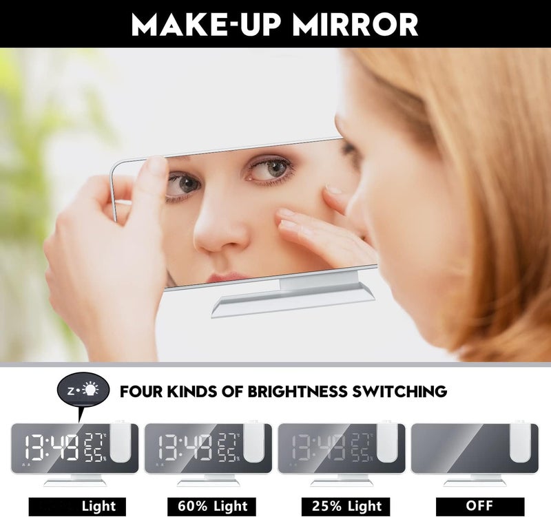 Mightree Projection Alarm Clock for Bedroom, Digital Alarm Clock with USB Charger, 7.4" Large LED Mirror Display Radio Alarm Clock, Dual Smart Alarm with Projection on Ceiling, White - Image 3