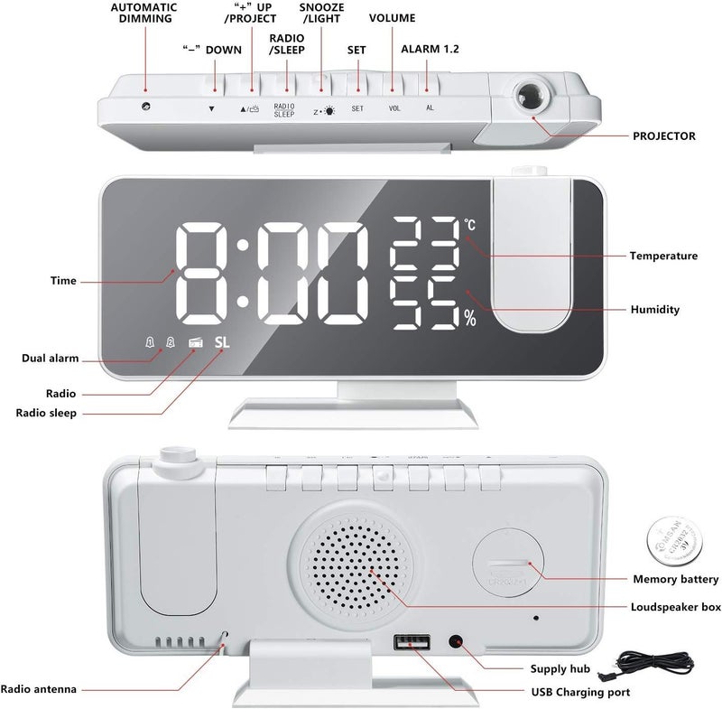 Mightree Projection Alarm Clock for Bedroom, Digital Alarm Clock with USB Charger, 7.4" Large LED Mirror Display Radio Alarm Clock, Dual Smart Alarm with Projection on Ceiling, White - Image 5