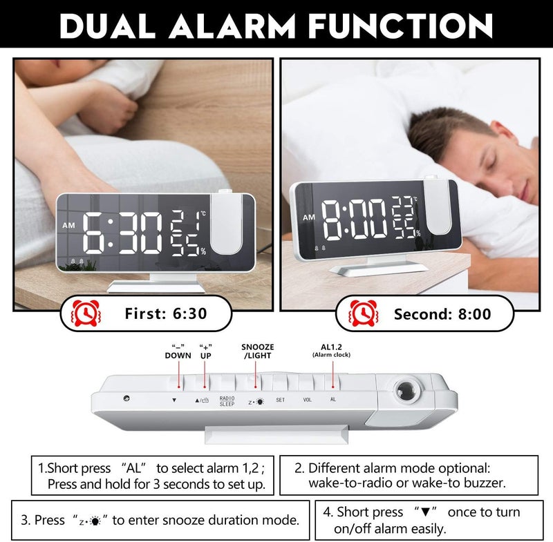 Mightree Projection Alarm Clock for Bedroom, Digital Alarm Clock with USB Charger, 7.4" Large LED Mirror Display Radio Alarm Clock, Dual Smart Alarm with Projection on Ceiling, White - Image 4