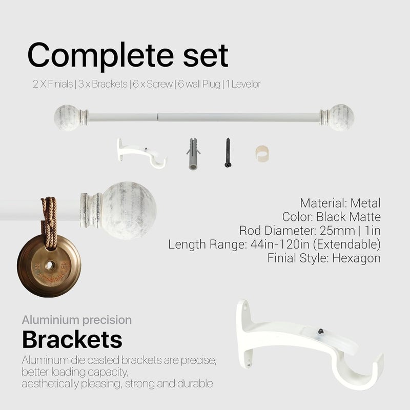Deco Window Adjustable Curtain Rod for Windows 44 to 120 Inch Pack of 1 Extendable Heavy Duty 1 Inch Iron Drapery Pole with Finials Wall Mounted French Door Curtain Rods Ivory - Image 4