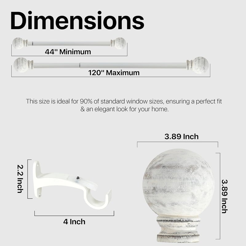Deco Window Adjustable Curtain Rod for Windows 44 to 120 Inch Pack of 1 Extendable Heavy Duty 1 Inch Iron Drapery Pole with Finials Wall Mounted French Door Curtain Rods Ivory - Image 5