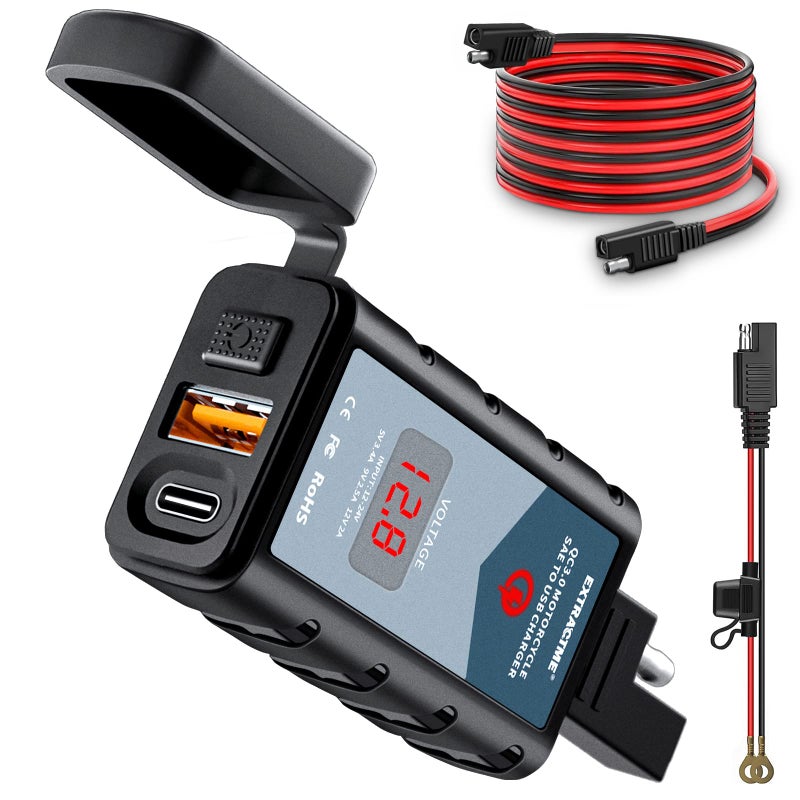EXTRACTME 6.4A Motorcycle USB Charger, Total 44W Dual USB Type C PD & Quick Charge 3.0 Motorcycle Phone Charger with Voltmeter & ON/Off Switch, Waterproof Motorcycle Accessories SAE to USB Adapter - Image 1