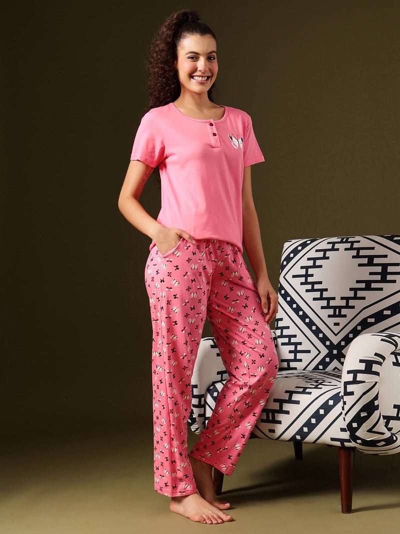 Clovia Cotton Night Suits for Women, Night Dresses for Women, Pyjama Set for Women, Women Night Suit Set, Night Wear for Women, Lounge Wear Set for Women - Top & Pyjama Set (Pink - Graphic, XL) - Image 2