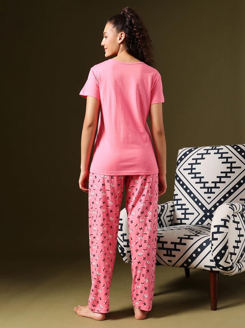 Clovia Cotton Night Suits for Women, Night Dresses for Women, Pyjama Set for Women, Women Night Suit Set, Night Wear for Women, Lounge Wear Set for Women - Top & Pyjama Set (Pink - Graphic, XL) - Image 3