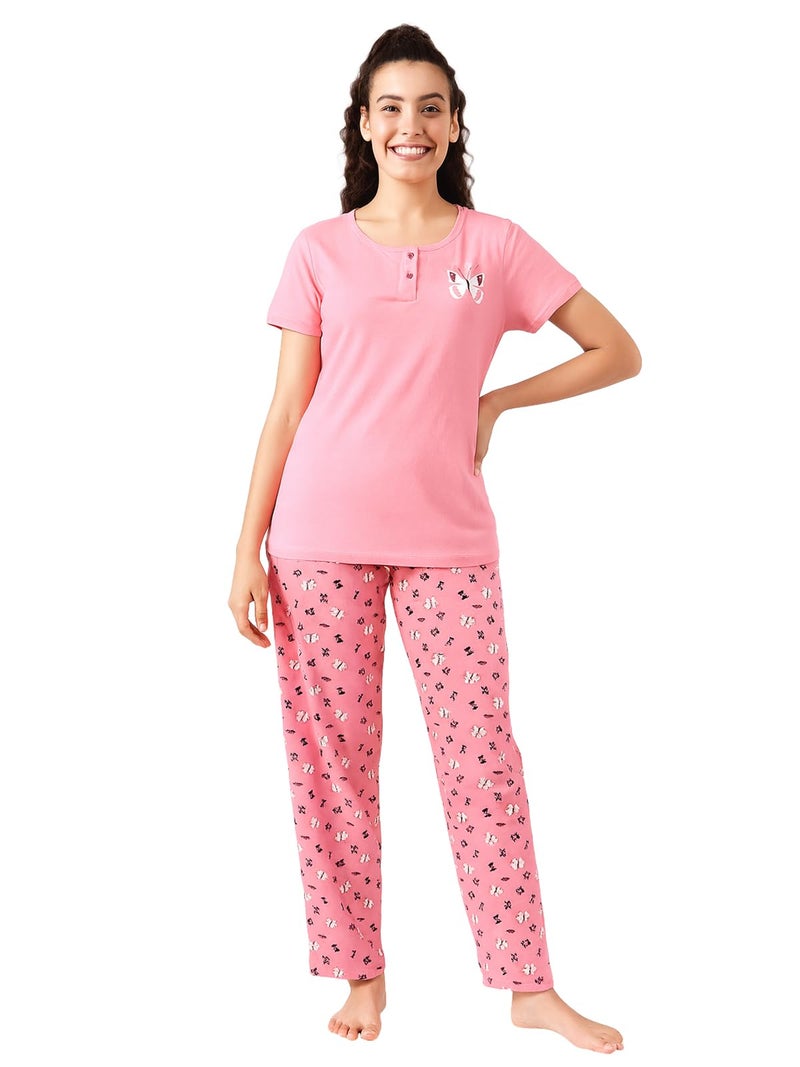Clovia Cotton Night Suits for Women, Night Dresses for Women, Pyjama Set for Women, Women Night Suit Set, Night Wear for Women, Lounge Wear Set for Women - Top & Pyjama Set (Pink - Graphic, XL) - Image 1