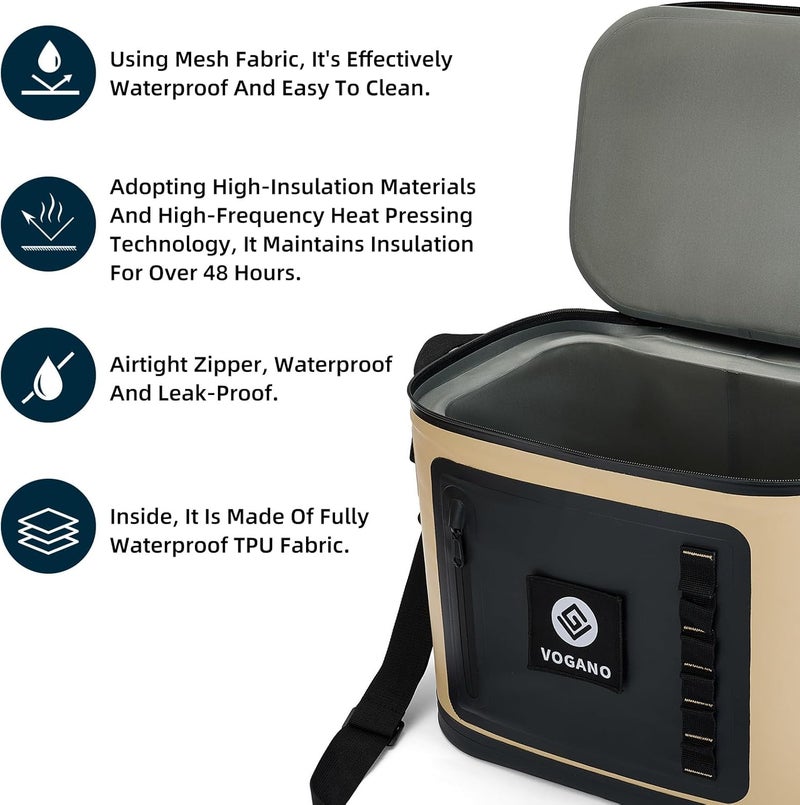 Vogano Soft Cooler - Insulated Leak-Proof Cooler Bag with Waterproof Zipper | 28 Can Portable Ice Chest for Camping, Beach, Travel, Picnic, Fishing (Khaki) - Image 3