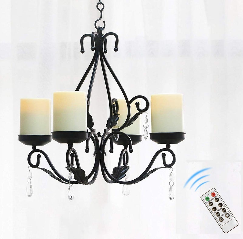 GiveU GiveU 3 in 1 Lighting Chandelier with 4pcs Battery Operated Led Candle with Remote Table Centerpiece for Indoor or Outdoor Gazebo Patio Decoration Black