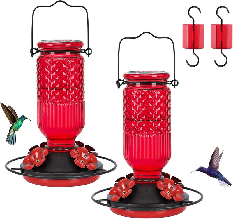 FEED GARDEN Glass Hummingbird Feeder for Outdoors Hanging, 16 OZ Humming Birds Feeders with 4 Bee Guard Feeding Ports & Built-in Ant Moat, Bird Feeder for Outside, Red，2 Pack - Image 1