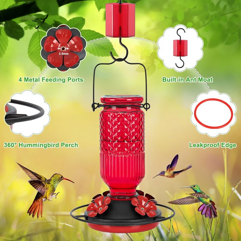 FEED GARDEN Glass Hummingbird Feeder for Outdoors Hanging, 16 OZ Humming Birds Feeders with 4 Bee Guard Feeding Ports & Built-in Ant Moat, Bird Feeder for Outside, Red，2 Pack - Image 4